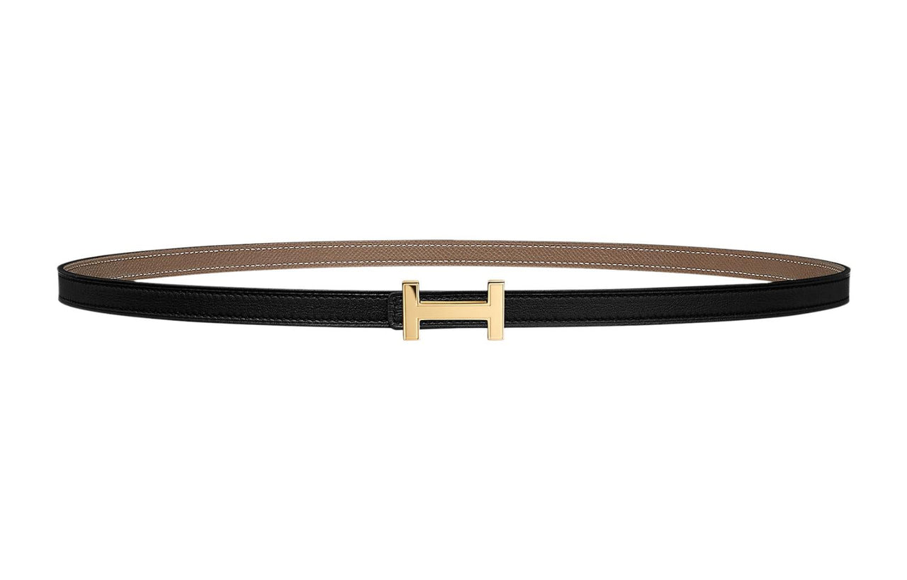 HERMES Letter H Gold Buckle Epsom Calfskin Double Sided Leather Belt Women's Black Width 1.3cm