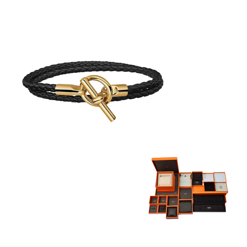 HERMES Leather Bracelets Unisex Black Gold