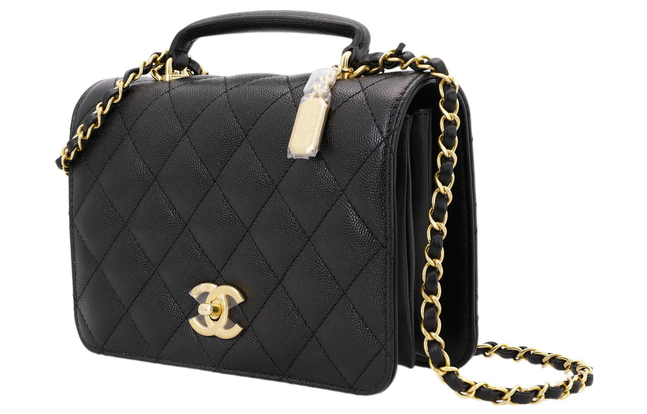 CHANEL Litchi Grain Cow Leather Shoulder Bag Regular Women's Black