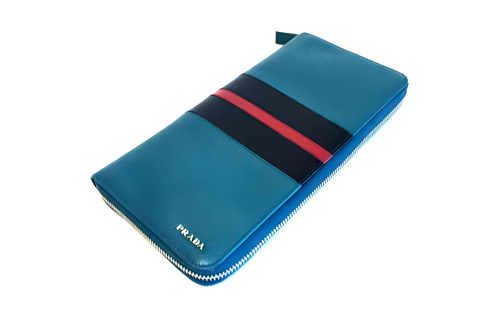 PRADA Cross Grain Cow Leather Long Wallet Clutch Large Size Men's Jasper+Black/Red Stripes