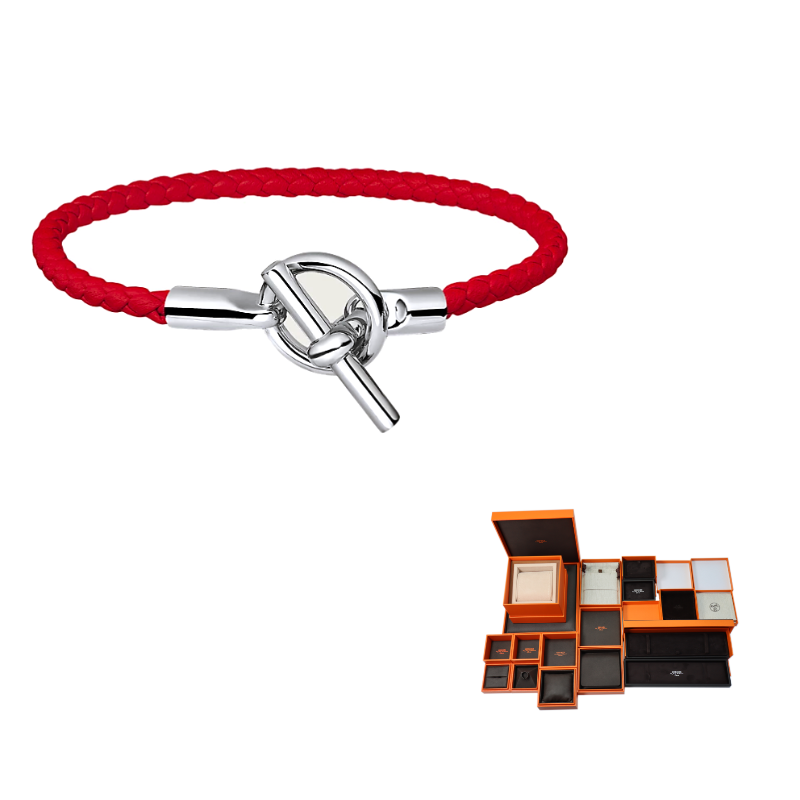 HERMES Calfskin Palladium-Plated Bracelets Unisex Red