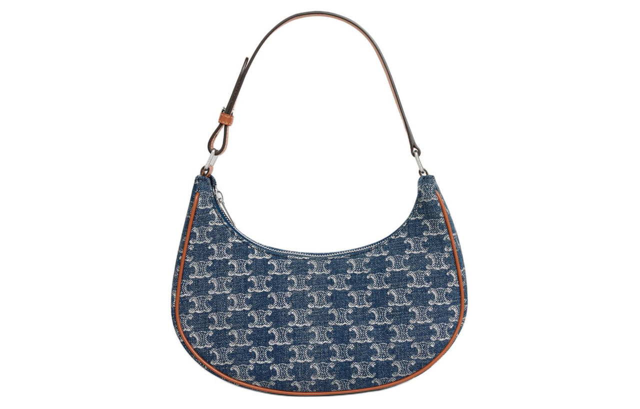 CELINE AVA Fabric Cow Leather Patchwork Binding Handbag Shoulder Bag Women's Blue