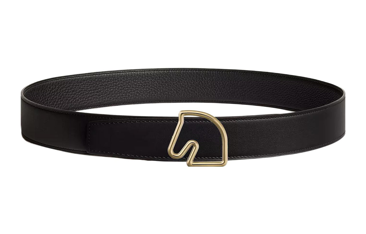 HERMES Horsehead Double-Sided Smooth Buckle Leather Belts Men's Black Width: 3.8cm
