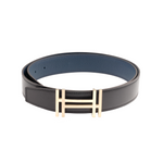 HERMES Cow Leather Belts Men's Black/Prussian Blue Width 3.2cm