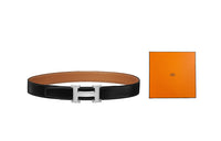 HERMES Classic H Shiny Silver Buckle Epsom Calfskin Belt Men's Black/Gold Width: 3.2cm