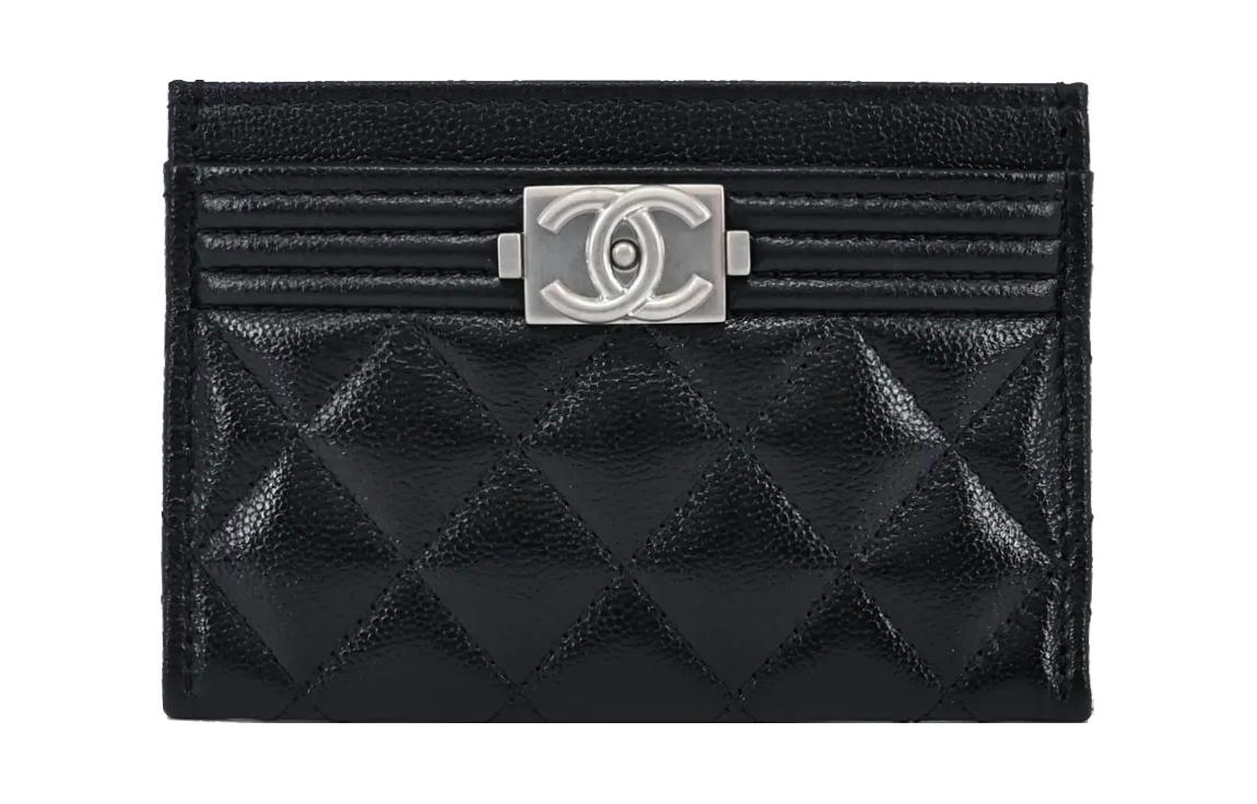 CHANEL Litchi Grain Calfskin Card Holder Women's Black