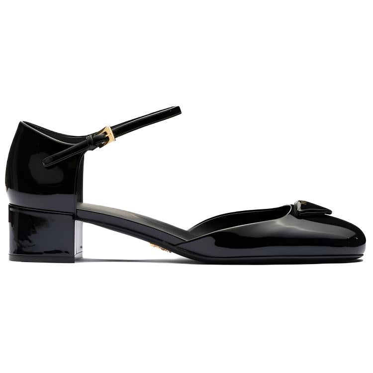PRADA TRIANGOLO PADDED 35 MID HEEL PUMP ANKLE STRAP PATENT