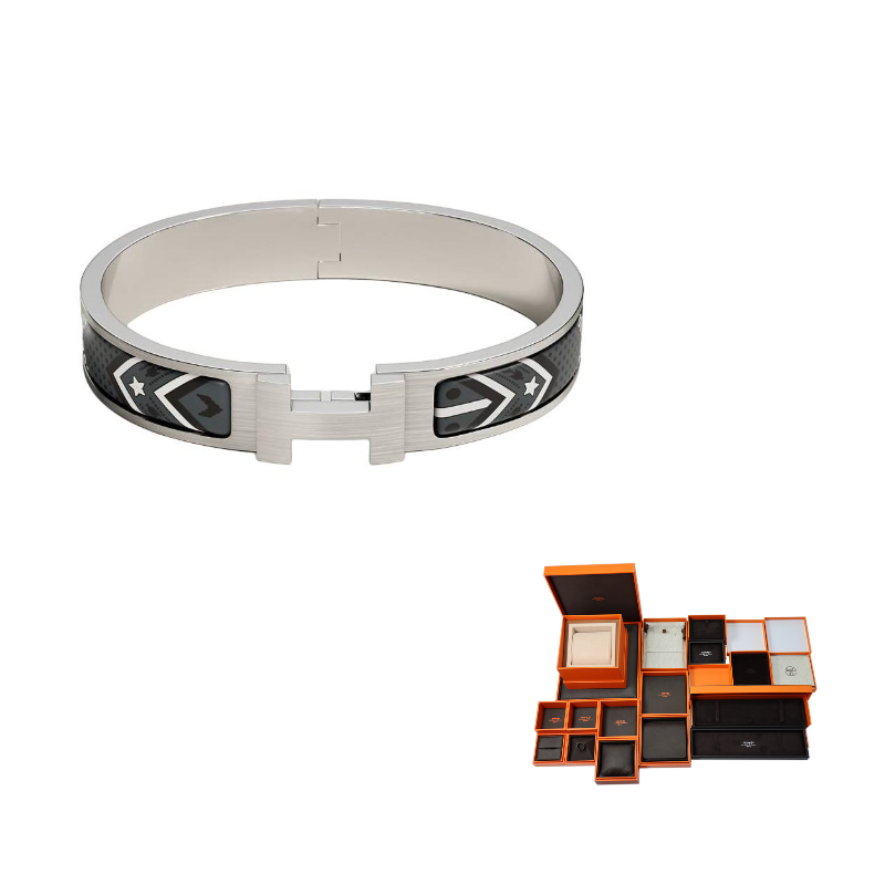 HERMES Enamel Bangles Unisex Silver