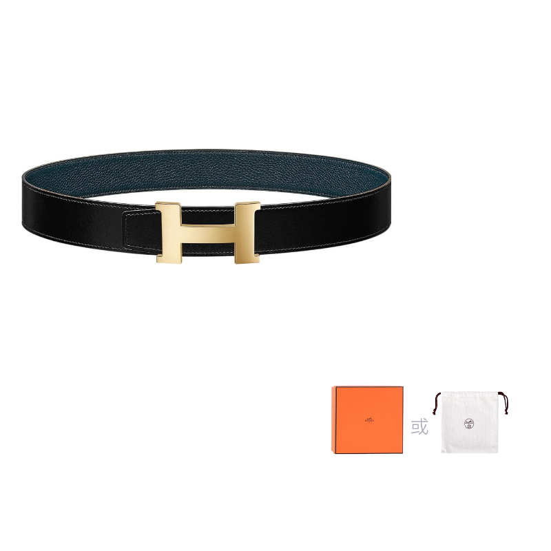 HERMES Togo Calfskin Double-Sided Leather Belt Leather Belts Men's Black/Prussian Blue Width: 3.8cm
