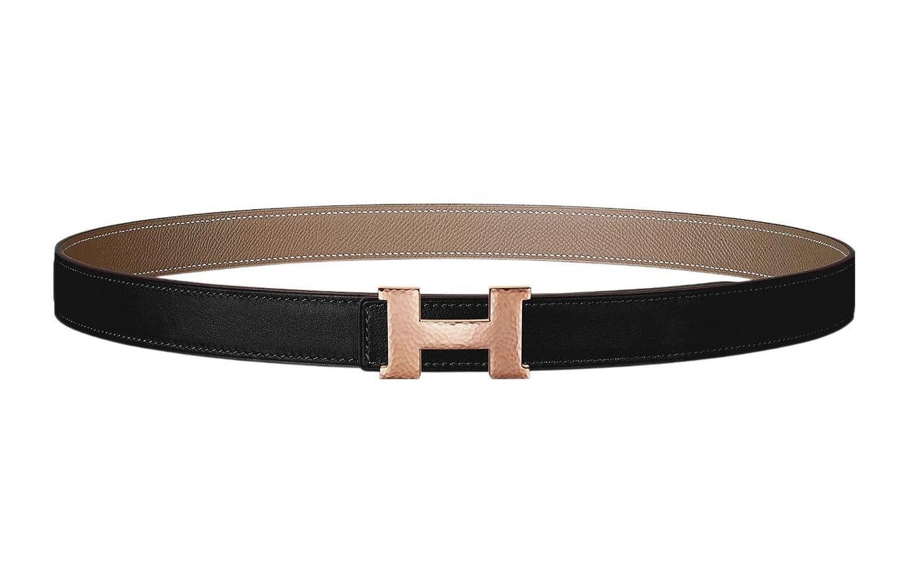 HERMES Gold Buckle Epsom Calfskin Double Sided Leather Belt Women's Black Width 2.4cm