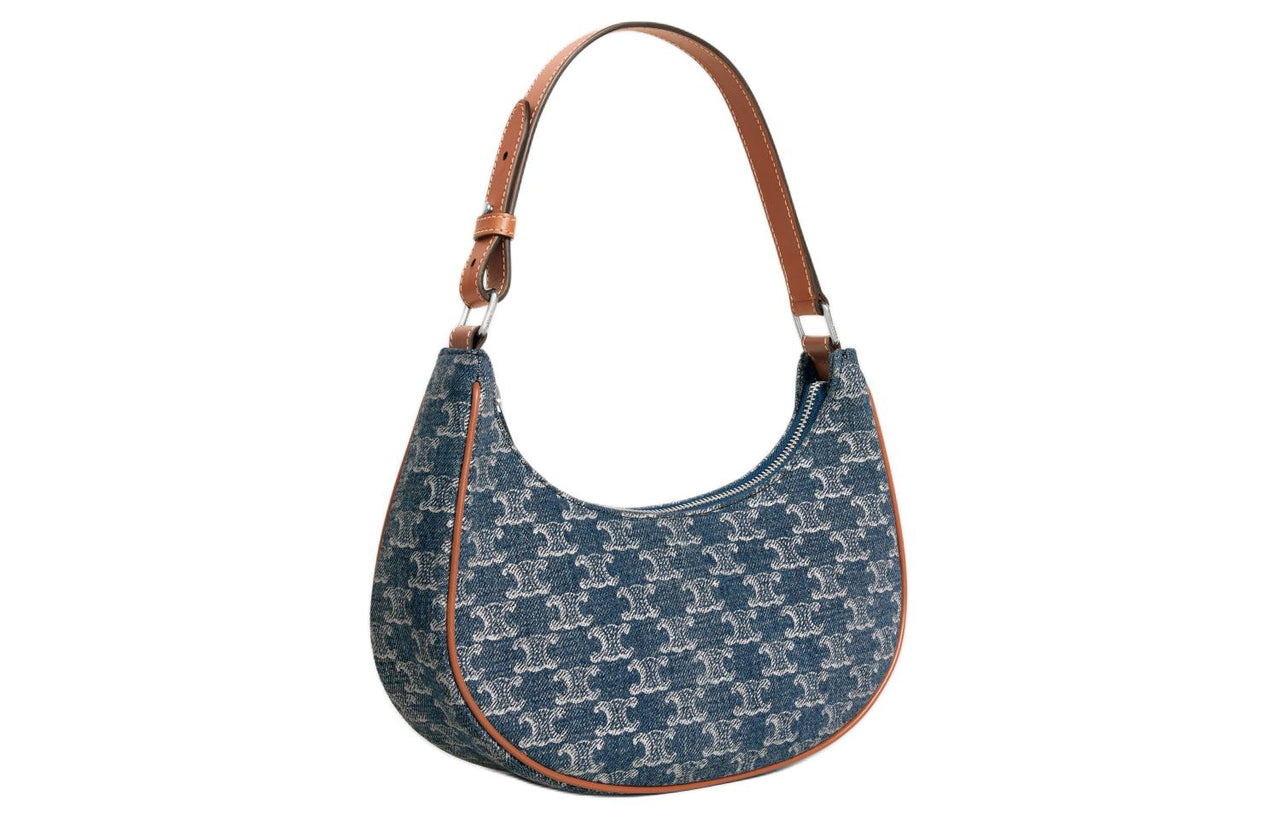 CELINE AVA Fabric Cow Leather Patchwork Binding Handbag Shoulder Bag Women's Blue