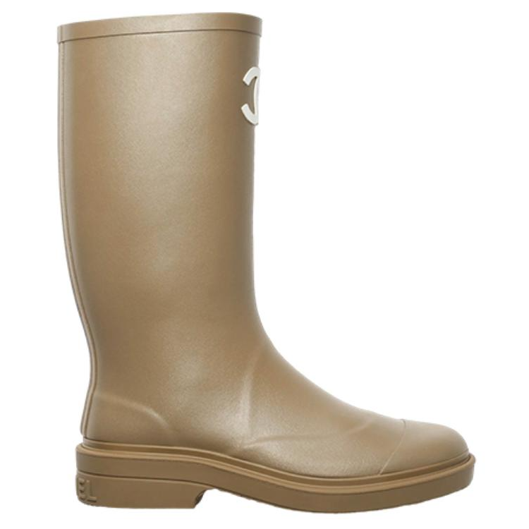 CHANEL Rubber Rain Boots Dark Beige Women's