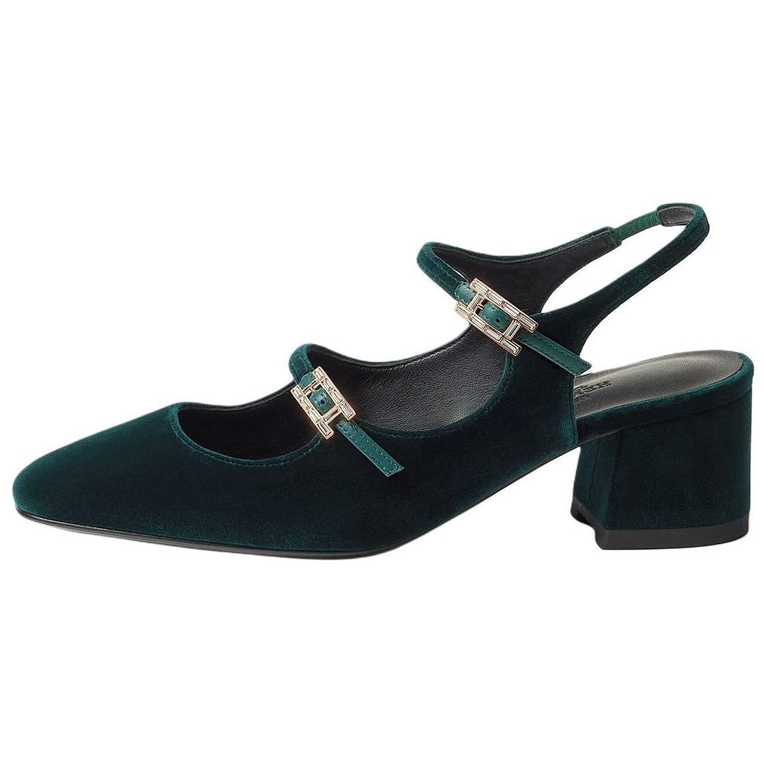 HERMES Jackie Chunky Heel Mary Jane Shoes 5cm Women's Jasper
