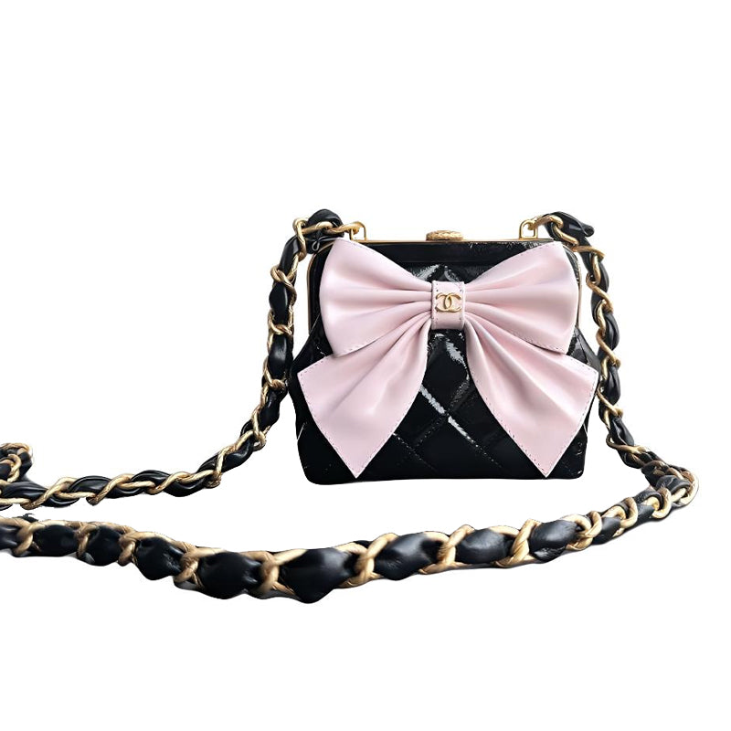 CHANEL 24A Bowknot Gold-Tone Metal Clutch With Chain Black/Pink