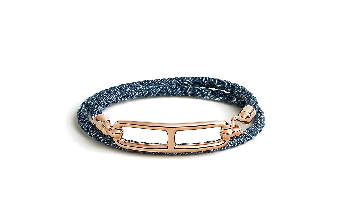 HERMES Denim Leather Rose Gold-Plated Bracelets Women's Blue