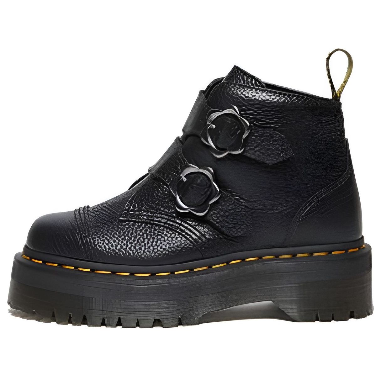 (WMNS) Dr. Martens Devon Flower Buckle Leather Platform Boots 'Black' 27642001
