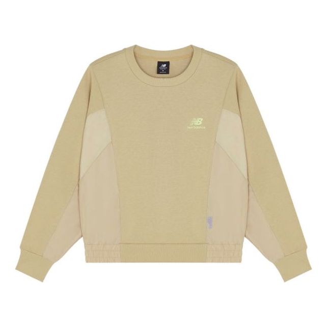 (WMNS) New Balance Logo Printing Splicing Sports Round Neck Pullover Khaki Hoodie AWT13337-BEI