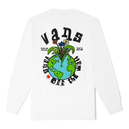 Men's Vans Earth Pattern Printing Round Neck Long Sleeves White T-Shirt VN0A5E870VW