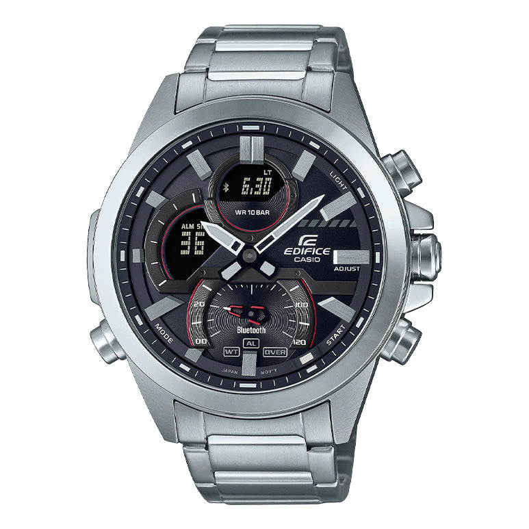 Men's CASIO edifice Series 2022 Luminous Stainless Steel Silver Strap Black Dial 100m Waterproof Watch Analog Mens ECB-30D-1A
