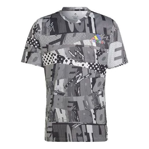 Men's adidas Splicing Color Block Full Print Sports Gym Short Sleeve Gray T-Shirt HD6401