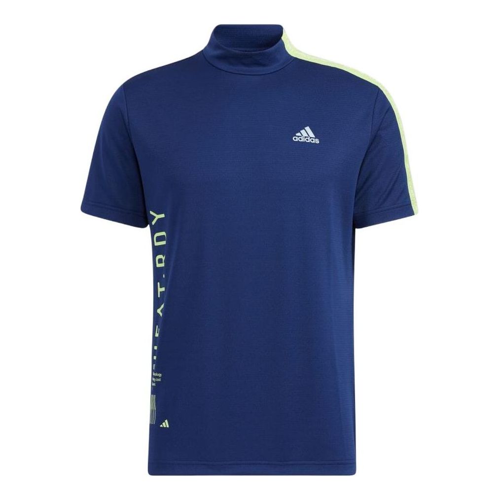 adidas Printing Alphabet Logo Splicing Stand Collar Short Sleeve Blue HA3127