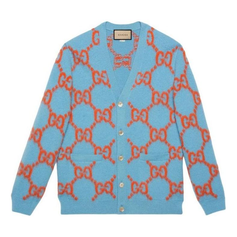 Gucci Wool Cardigan With GG Intarsia 'Light Blue Orange' 764738-XKDPB-4001