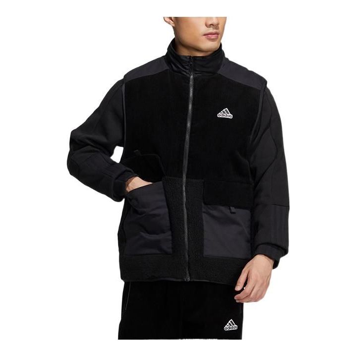 Men's adidas Solid Color Logo Stand Collar Zipper Long Sleeves Jacket Black HG1844