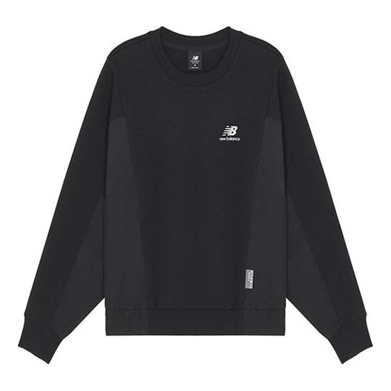 (WMNS) New Balance Logo Printing Splicing Sports Round Neck Pullover Black Hoodie AWT13337-BK