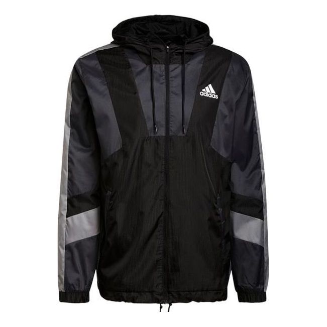Men's adidas Logo Printing Drawstring Hooded Zipper Sports Jacket Black H31442