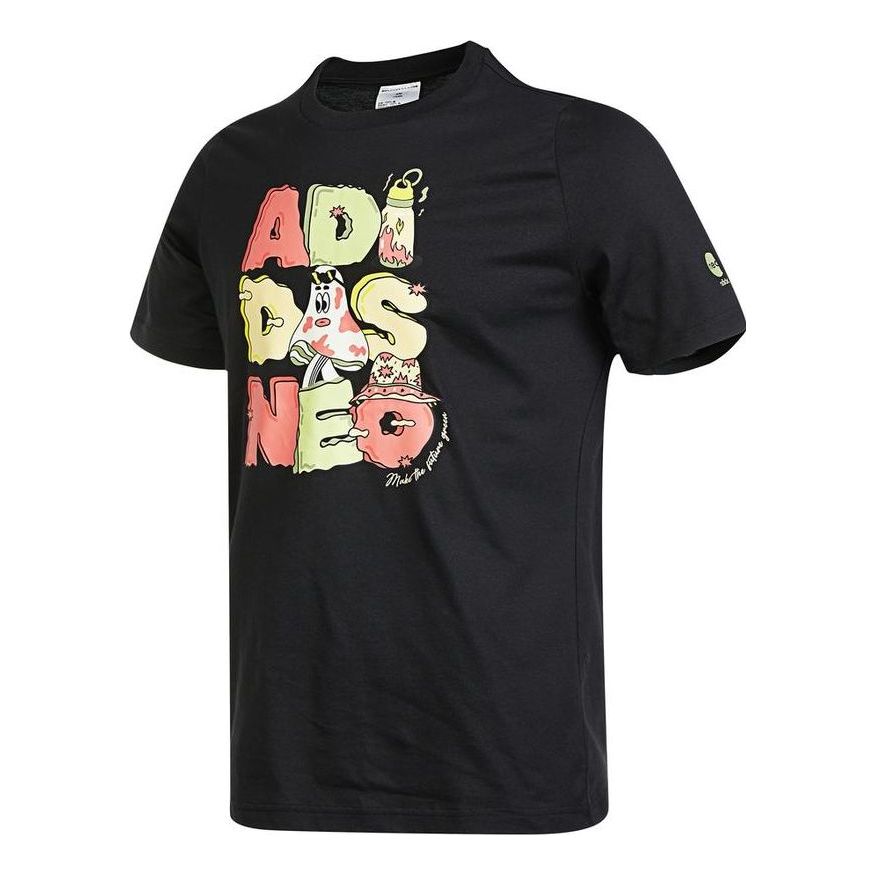 Men's adidas neo SS22 Pattern Cartoon Printing Sports Pullover Short Sleeve Black T-Shirt HS6807