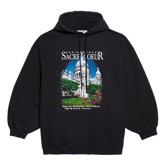 (WMNS) Balenciaga Classic Printing Loose Hoodie Black 641529TJVH91000