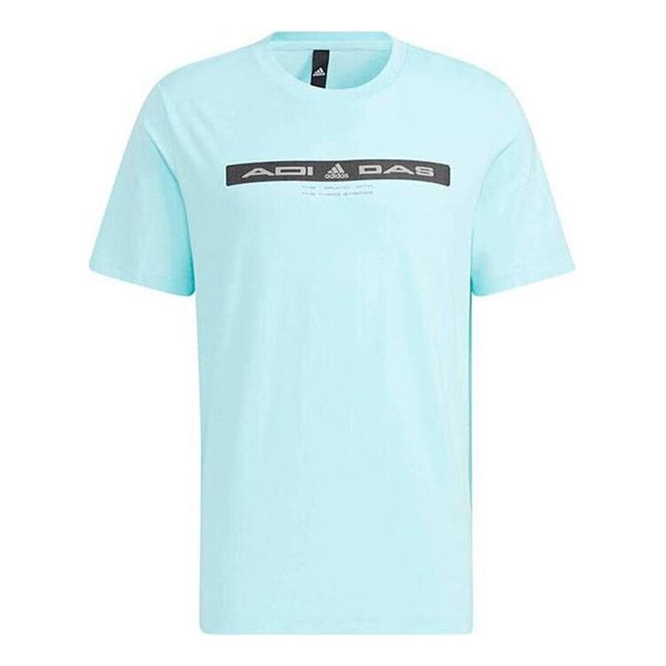 Men's adidas Alphabet Logo Printing Round Neck Casual Short Sleeve Blue T-Shirt HE9948