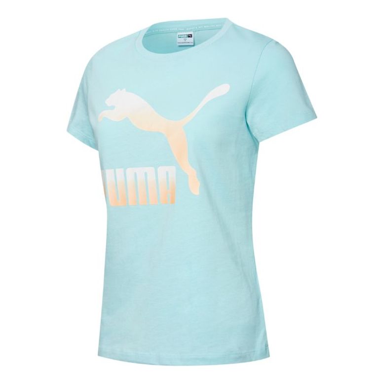 (WMNS) PUMA Running Training Casual Sports Round Neck logo Short Sleeve Lake Blue 532282-76